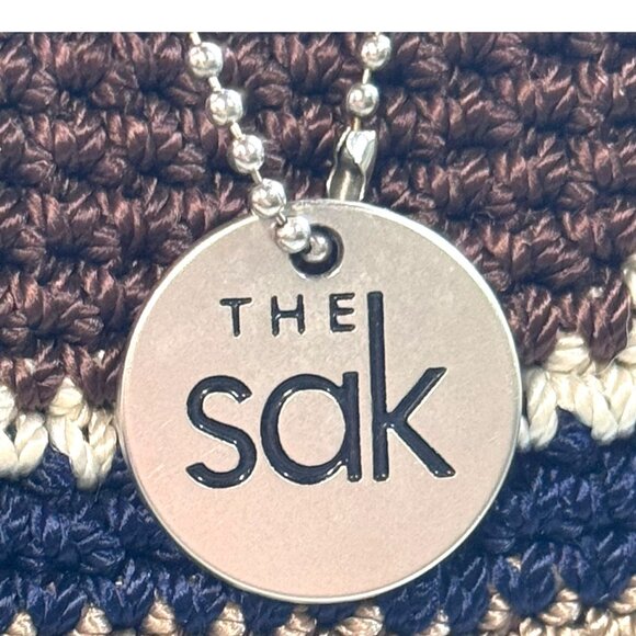 THE SAK Striped Crochet Shoulder Bag In Brown Navy Red Striped Ball Chain Charm - Picture 3 of 12